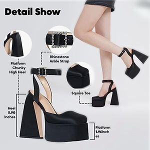 Mary Jane Satin Like Platform Heels with Sparkly Buckles Black Women’s Size 9.5
